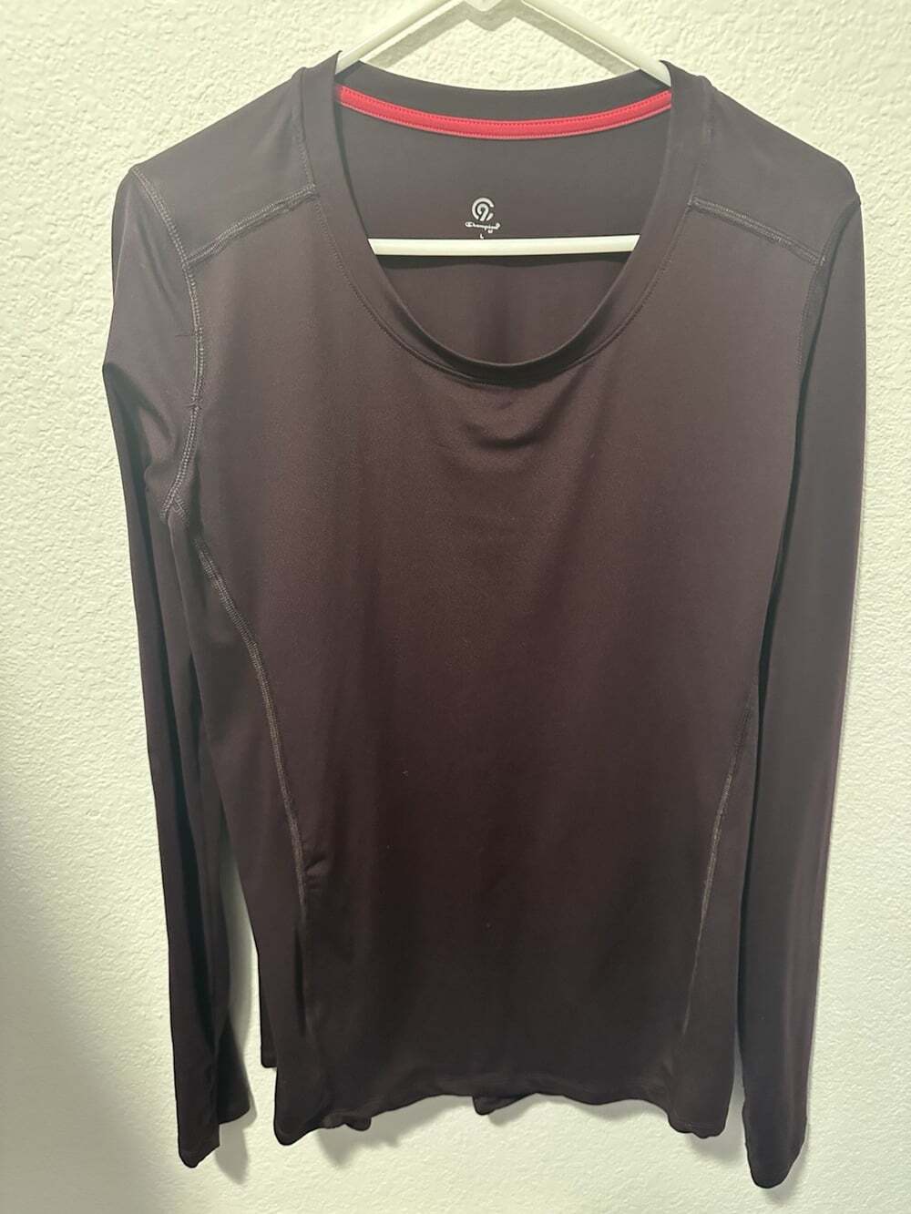 Champion Womens Maroon Long Sleeve Athletic T-Shirt L Athletic Fit Crew Stretch